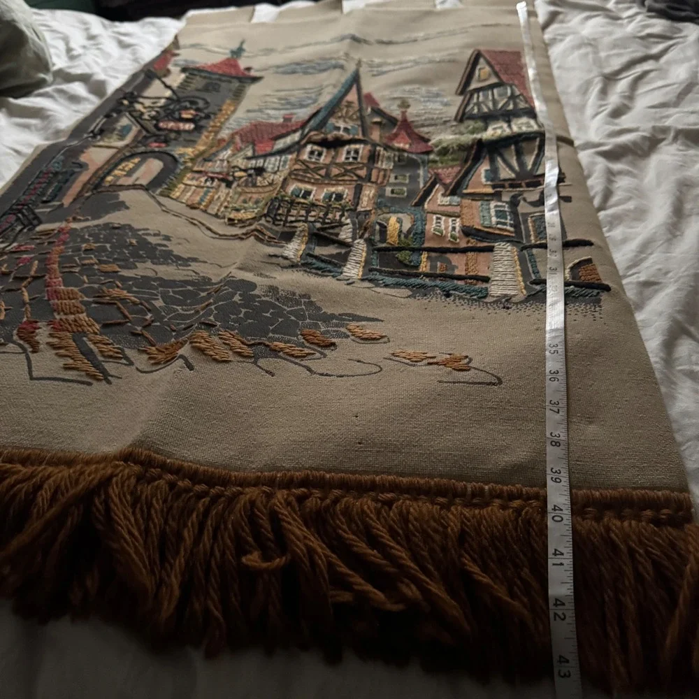 Vintage 1970s West Germany Wall Hanging Tapestry Linen Embroidered Village Paint